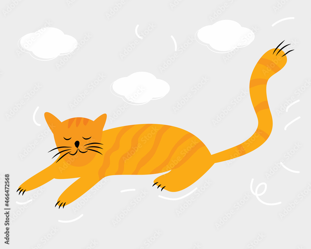 Fototapeta premium A cute cat is lying, a house cat. Red cat on a solid background. Vector illustration