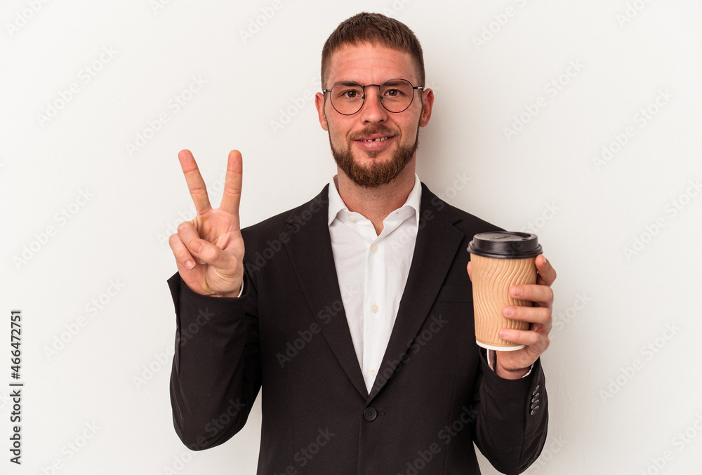 Young business caucasian man holding take away coffee isolated on white background showing number two with fingers. Young business caucasian man holding take away coffee isolated on white background showing number two with fingers.