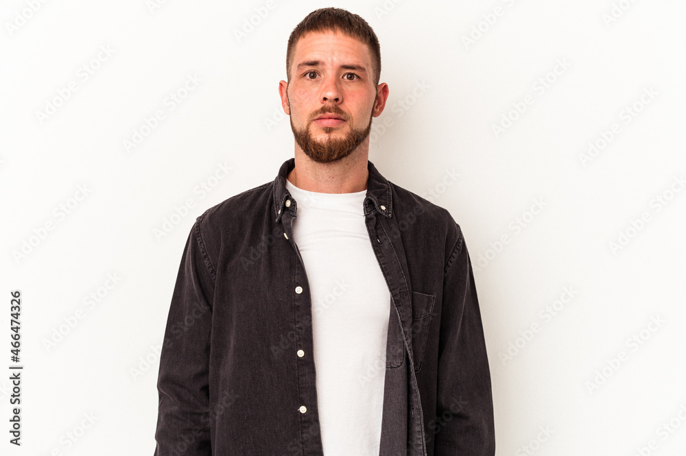 Young caucasian man with diastema isolated on white background sad, serious face, feeling miserable and displeased. Young caucasian man with diastema isolated on white background sad, serious face, feeling miserable and displeased.