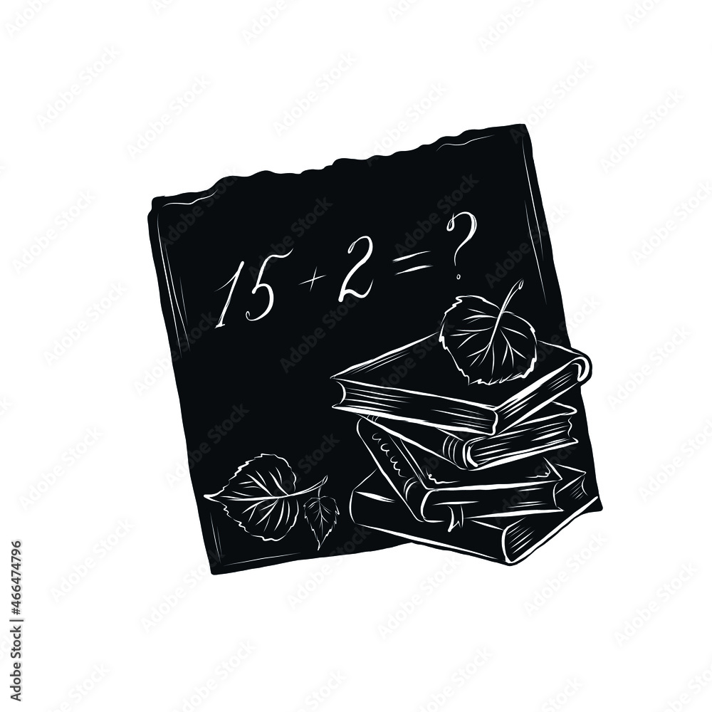 School childrens linear drawing stack of books, leaves and handwriting numbers of mathematical equation. Vector illustration. School childrens linear drawing stack of books, leaves and handwriting numbers of mathematical equation. Vector illustration.