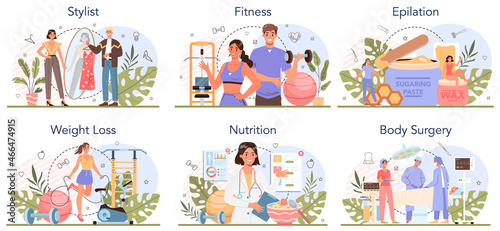 Beauty service and profession set. Beauty salon procedure. Stylist, nutritionist