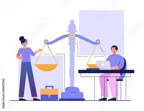Paralegal services concept. Man and woman stand next to large scale and provide legal assistance. Specialists work at laptop and help with court proceedings. Cartoon modern flat vector illustration