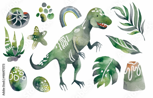 Dinosaur Set clipart. Cute Dino and other fantastic elements of nature of the prehistoric period. cartoon dinosaurs for kids illustration in watercolor hand-drawn style. © Tatyana