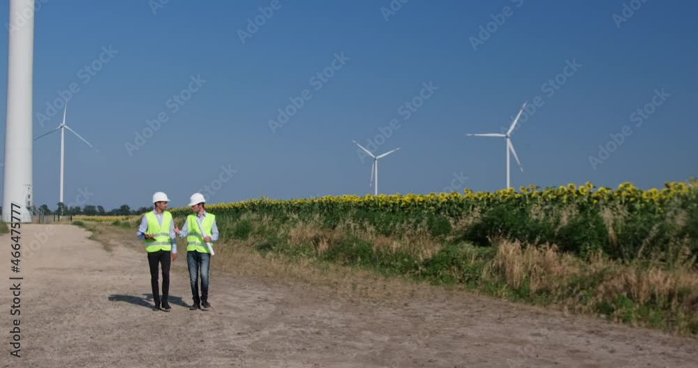 Powerful wind turbines produce alternative energy in bright sunflower field behind technicians talking at windmill station Powerful wind turbines produce alternative energy in bright sunflower field behind technicians talking at windmill station