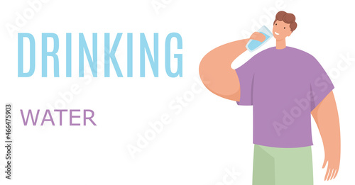 Young man drinking fresh water from bottle. Dehydrated person enjoying clean aqua, quenching thirst. Thirsty male with pure refreshing liquid. Flat vector illustration isolated on white background