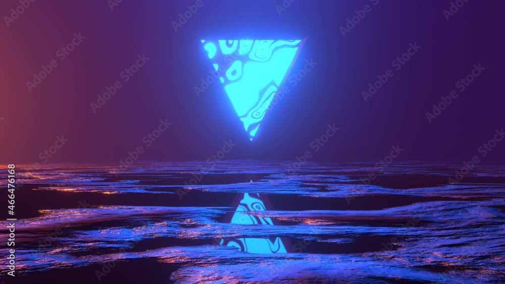 4K Abstract blue neon background, esoteric triangular portal and reflection in the water. Fantasy cosmic landscape. Space landscape, virtual reality, ultraviolet spectrum. Magic Landscape VJ Loop