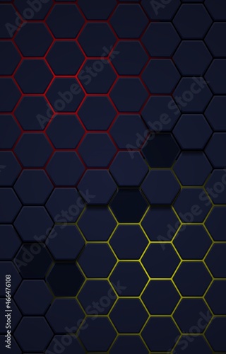 Abstract hexagon background. Vector illustration of an abstract background of dark hexagons with neon illumination on a black background.