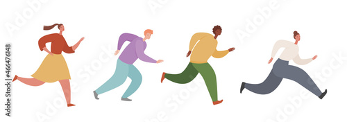 Set of ambitious people running fast, hurrying to their goals and rushing on urgent businesses. Concept of aspiration to success. Flat vector illustration of runners isolated on white background
