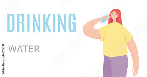 Thirsty dehydrated person drink water from bottle, quenching thirst and cooling in heat. Woman enjoying aqua in hot weather. Dehydration concept. Flat vector illustration isolated on white background
