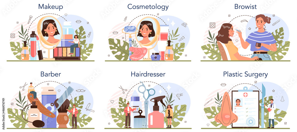 Beauty service and profession set. Beauty salon procedure. Barber