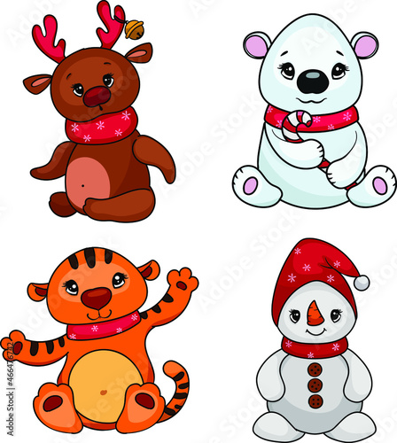 Cute Christmas characters - tiger cub  fawn  snowman  white bear. Vector cartoon doodle isolated illustration. Winter holidays  baby shower  birthday  children s party