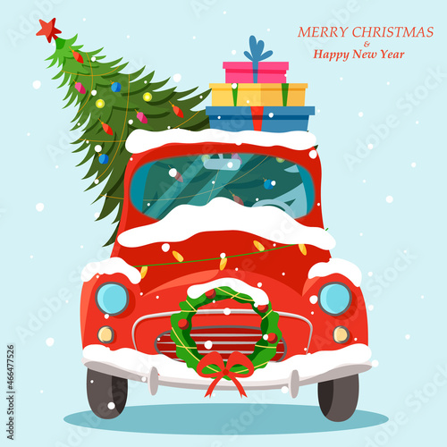 Vintage car with gifts and christmas tree