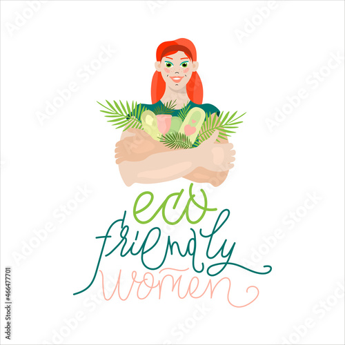 A redhead woman holds reusable feminine hygiene items in her hands, illustration with eco-friendly woman lettering.