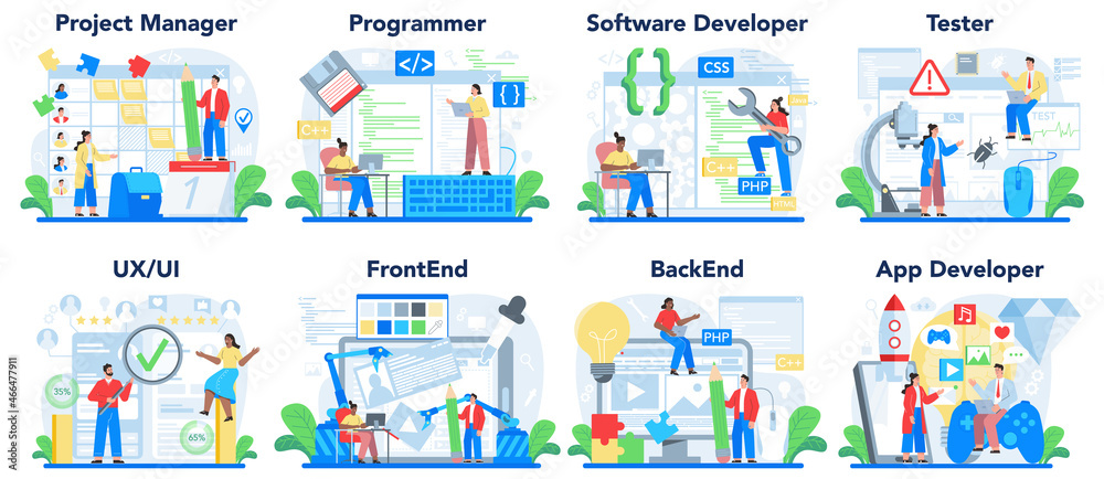 Web development concept set. Programming, coding and presenting Web development concept set. Programming, coding and presenting