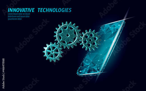 Smartphone settings help service low poly. New version software mobile system upgrade internet upload. Online information touch screen. Polygonal modern design vector illustration
