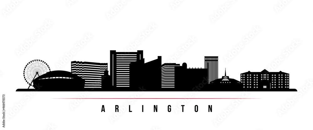 Arlington skyline horizontal banner. Black and white silhouette of Arlington, Texas. Vector template for your design.