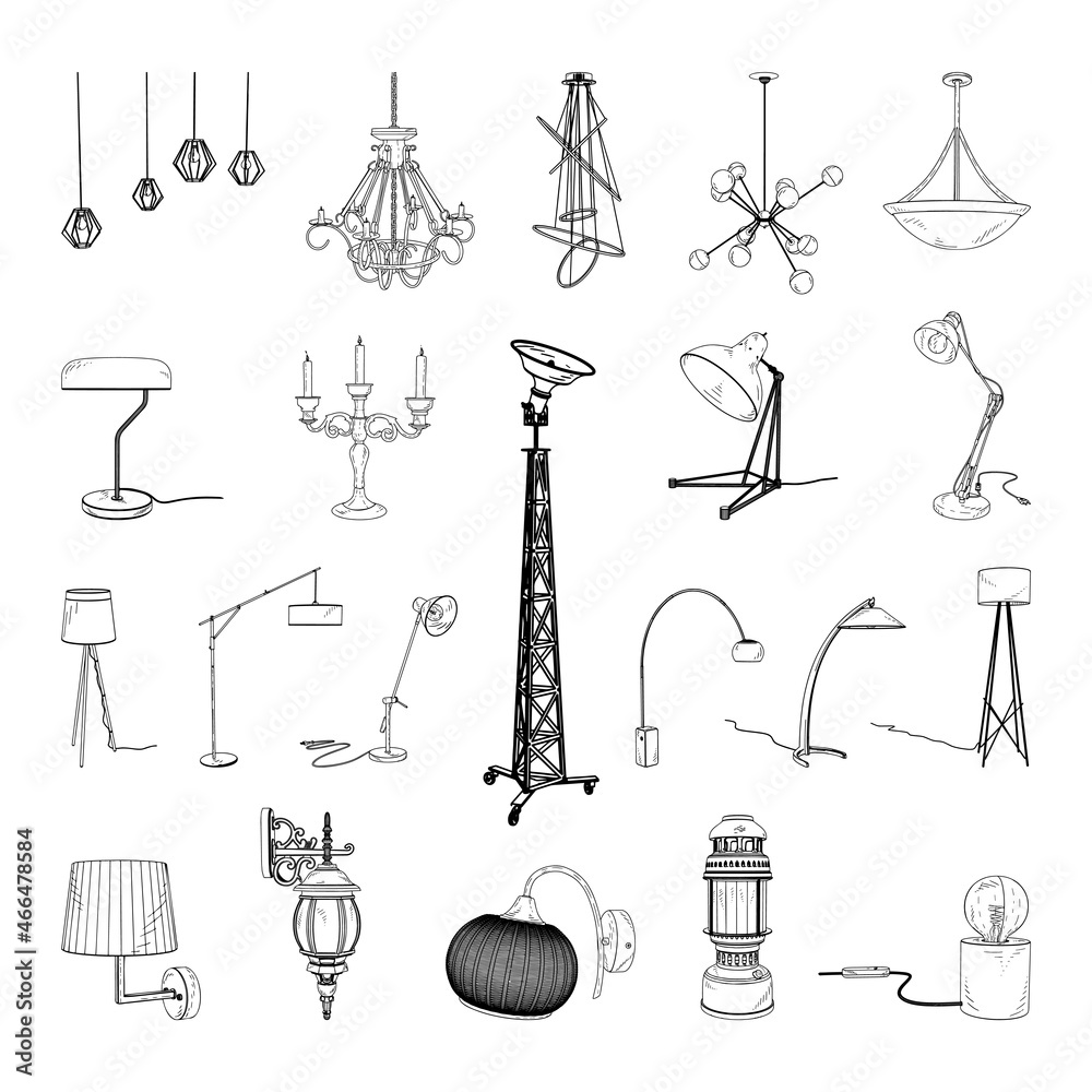 Obraz premium Collection of monochrome illustrations of lamps in sketch style. Hand drawings in art ink style. Black and white graphics.