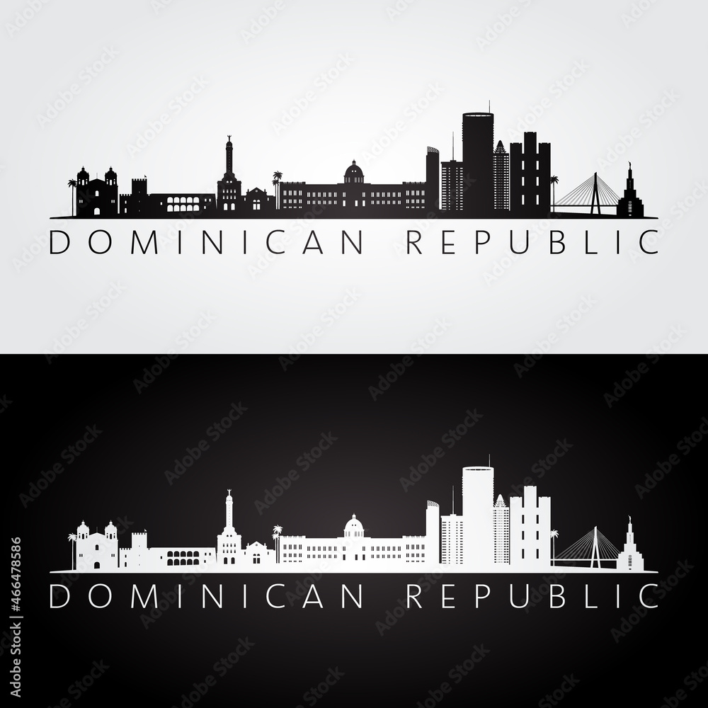 Dominican Republic skyline and landmarks silhouette, black and white design, vector illustration.