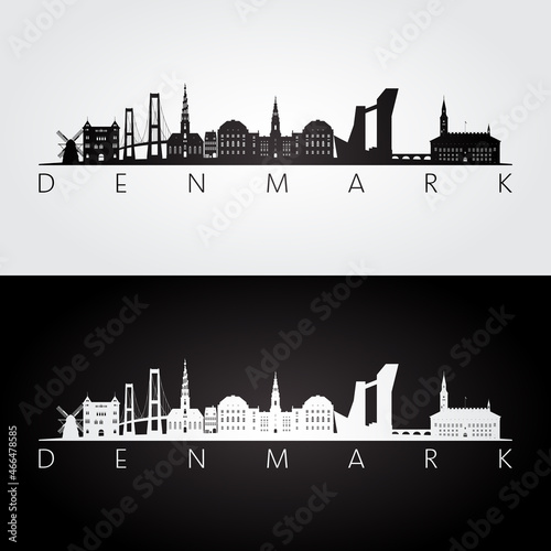 Denmark skyline and landmarks silhouette, black and white design, vector illustration.