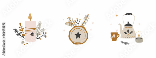 Set of Christmas decorative composition in scandinavian style. Vector templates for greeting cards, invitations, posters. Winter season holidays design.