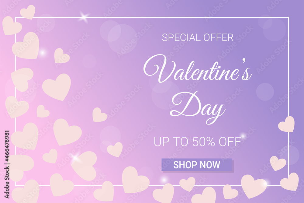 Special offer Valentine's Day horizontal banner template. Discount text on pink and purple gradient background with hearts and frame