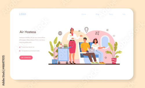 Stewardess web banner or landing page. Flight attendants help passenger