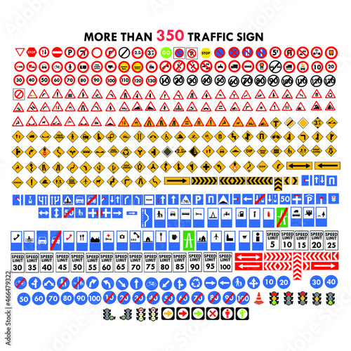 Road signs pack. Warning, prohibited, mandatory and information traffic signs set. More than 350 traffic element