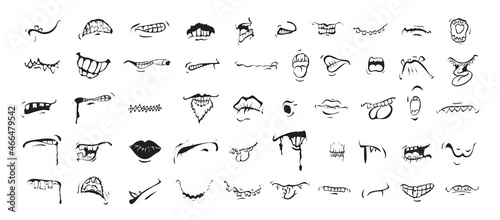 Collection of cartoon meme mouths in sketch style. Emoji for creating stickers, prints.