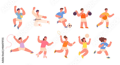 Children workout. Kid sport, wellness and physical health. Child fitness athlete. Isolated cartoon kids wear athletic suits and doing exercises utter vector set