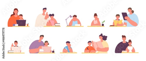 Parents teach child. Parent helping student, mother with daughter doing homework. Teachers and children, dad support in study utter vector set © MicroOne