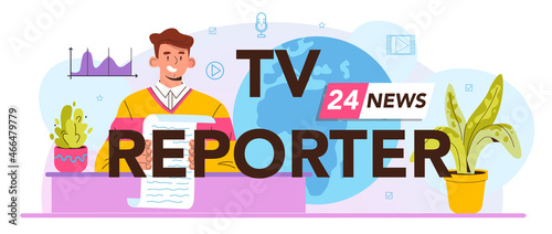 TV reporter typographic header. Television host in a studio