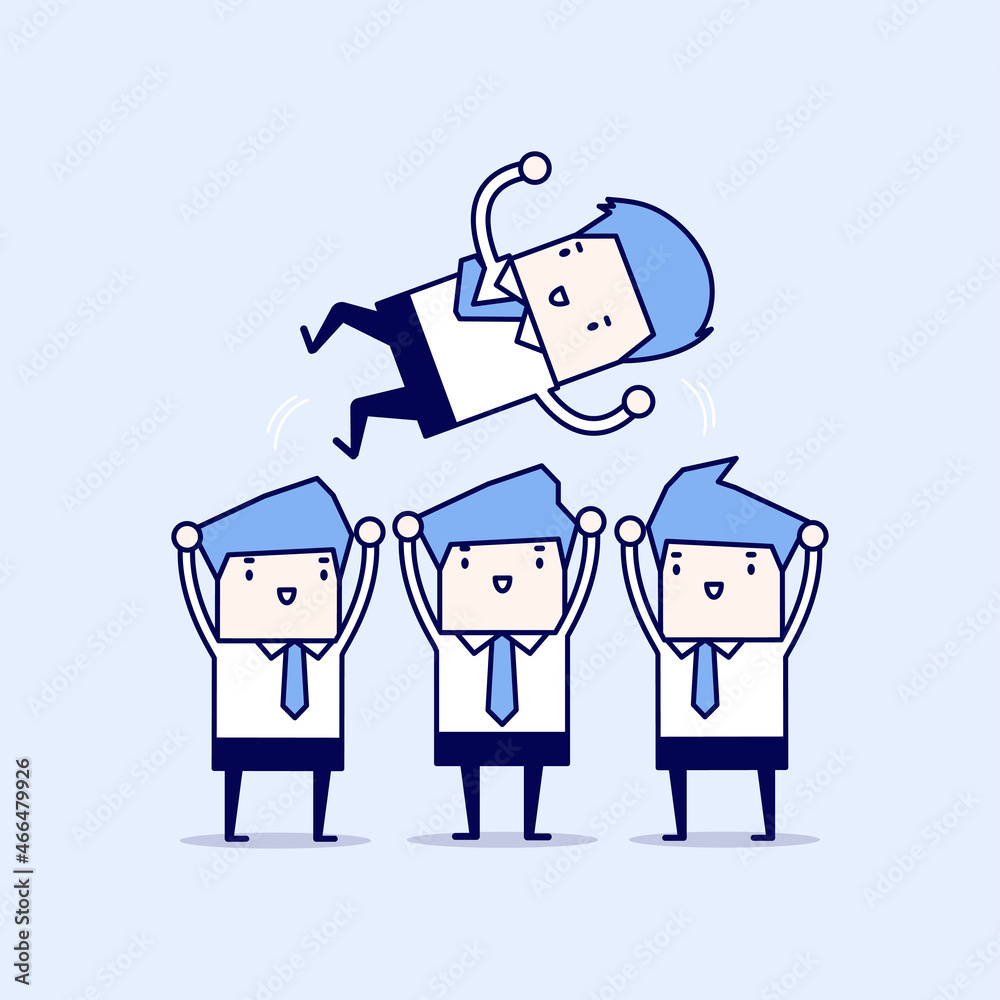 Businessman being throwing up by his teamwork. Cartoon character thin line style vector. Businessman being throwing up by his teamwork. Cartoon character thin line style vector.