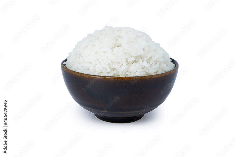 bowl of cooked rice isolated on white background, top view with clipping path. bowl of cooked rice isolated on white background, top view with clipping path.