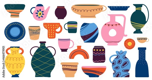 Home decorative utensils. Kitchen ceramic pottery, bowl cup dish. Art crockery and tableware. Household elements, vintage porcelain decent vector set