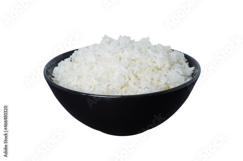 bowl of cooked rice isolated on white background, top view with clipping path.