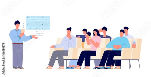 Man presentation project. Exam, businessman present start up or working plan for team. Coaching, training of time management vector scene