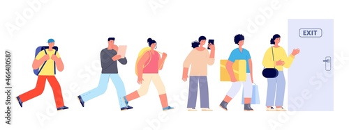 People queue to door. Exit, evacuation or go for walk. Women men with luggage going outdoor, vector illustration