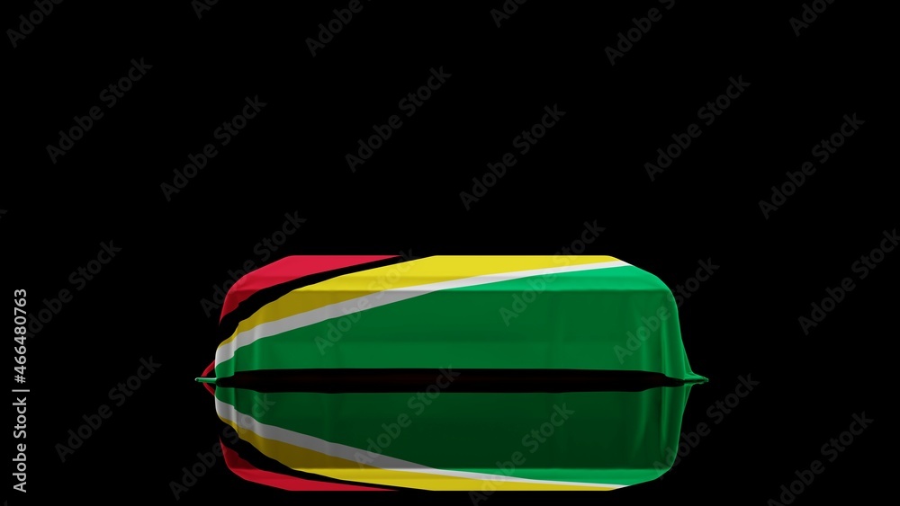3D rendering of a casket on a Black Background covered with the Country Flag of Guyana