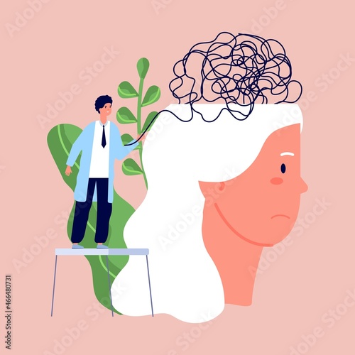 Psychotherapy. Female depression, tired woman head with confused mind. Psychologist work with patient, distance consulting vector scene