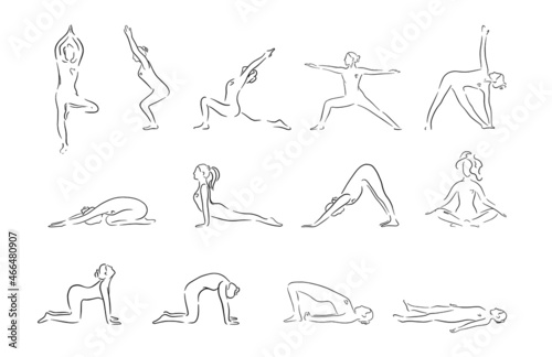 Womens silhouettes in line art style. Collection of handdrawn yoga poses. Asana set. Vector illustration
