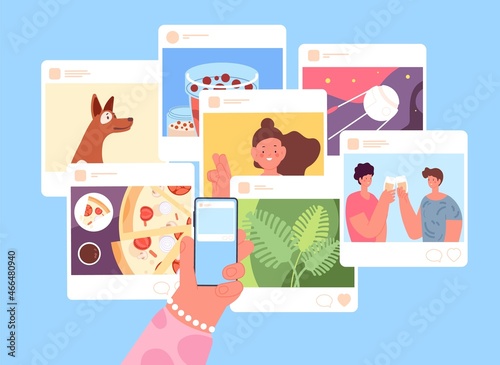 Social media concept. Hand holding smartphone, virtual photography. Looks and likes photos in internet vector concept