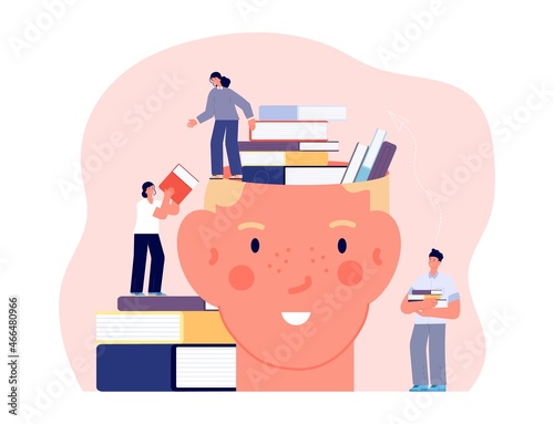 Student education. People and books, reading characters. Human head taking knowledge. Girls and boy study vector concept