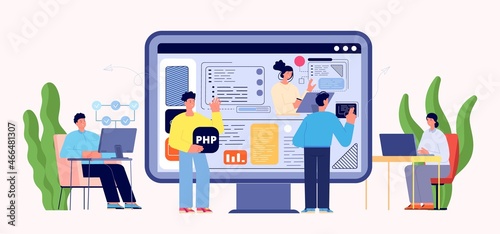 Web developers and users. Programmers create site page and design. Man and woman using internet services. Cloud workers, technology progress vector metaphor