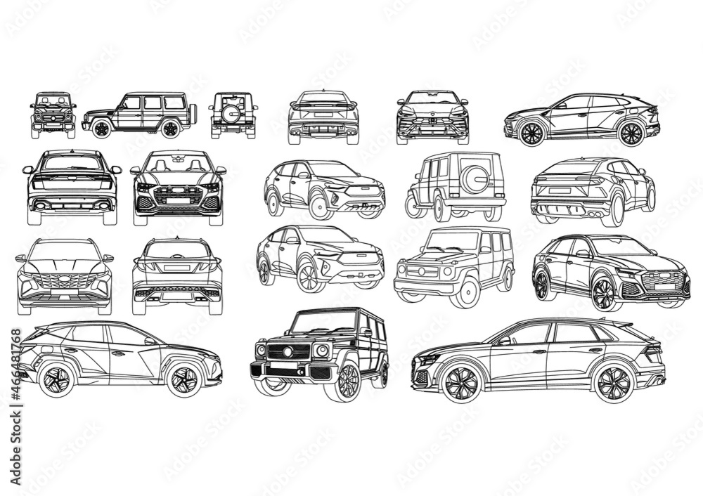 Obraz premium Lot of editable vector cars in different projections