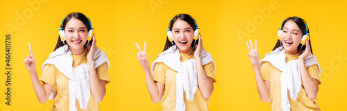 Knowledge languages online concept. Collage of young woman wear headphones holding hand number one two three while listening sound music or language education course over isolated yellow background.