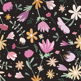 Floral seamless summer pattern. Naive style. Dark gray square background. Vector square illustration. Used for packaging, printing on fabric, paper, wallpaper, etc.