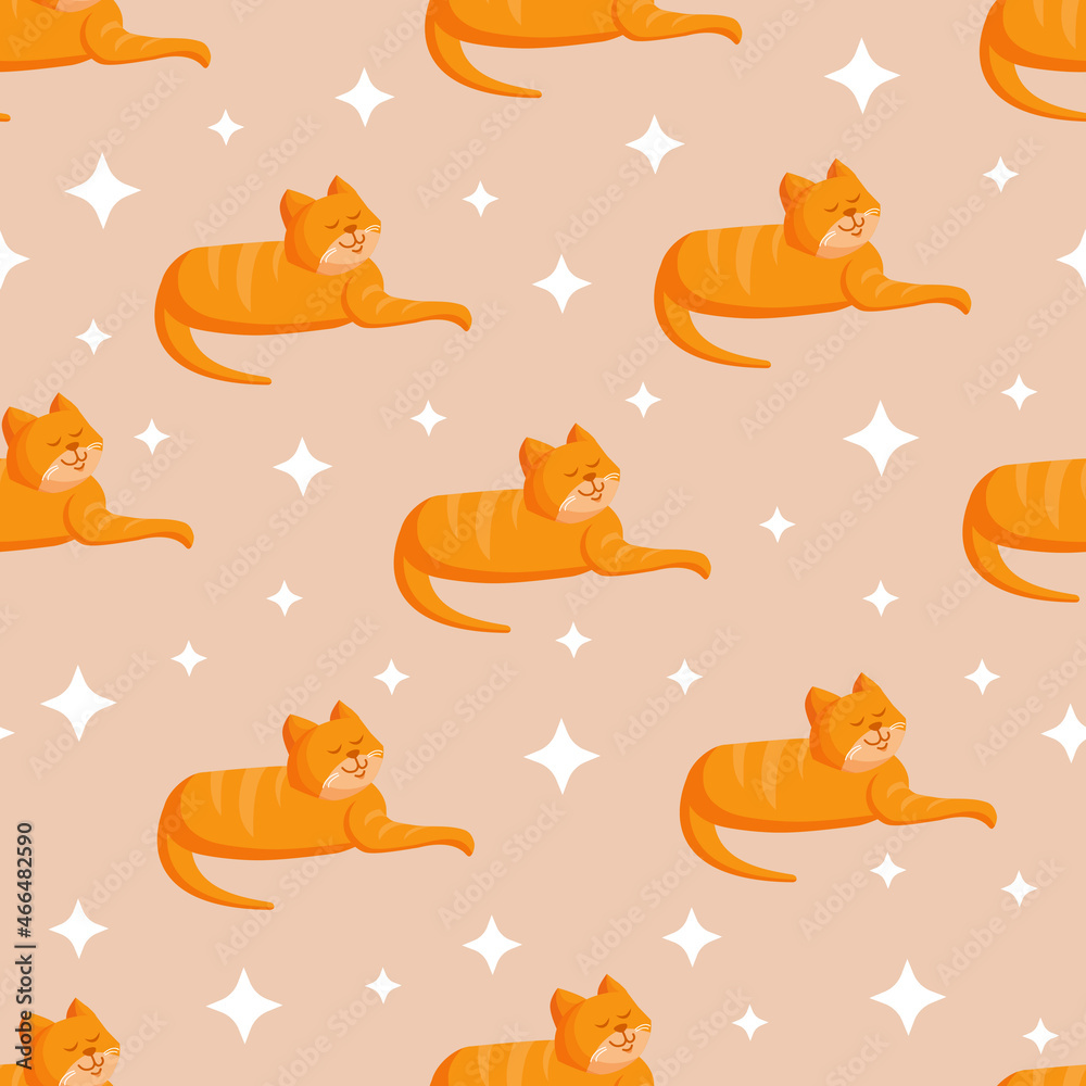 Seamless texture with brown cat and stars for textile, fabric. Vector illustration of the pattern.