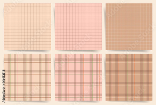Simple seamless checkered pattern tile sset. Minimal repeat brown tile background pattern. Linear check pattern on brown, beige and pink background for fabric, social media design and more. Vector.
