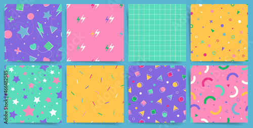 Memphis gaming random particles seamless pattern. Child or baby unisex decorative design. Square vector patterns with geometric shapes like square, triangle and circle. Yellow, pink, green, colors.