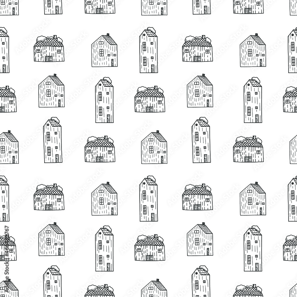 Hand drawn New Year street vector seamless pattern with cute houses